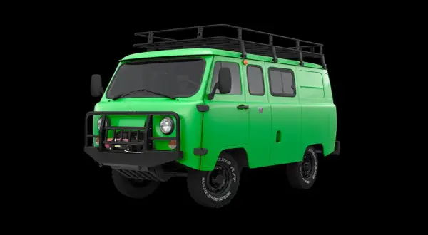 Zielony van UAZ z bagażnikiem dachowym i wyciągarką, gotowy na przygodę.