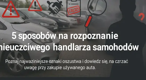Ostrzeżenia i lupa nad samochodami. Poznaj 5 sposobów na rozpoznanie nieuczciwego handlarza, by uniknąć oszustwa przy zakupie auta.