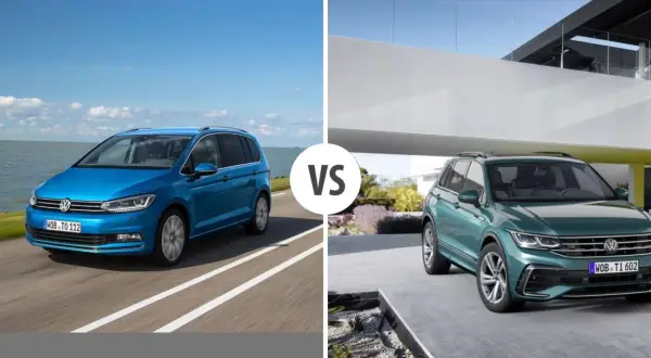 Niebieski Volkswagen 7 osobowy na drodze vs. zielony SUV przed nowoczesnym budynkiem.