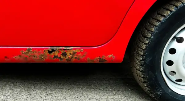 Rdza na samochodzie, widoczna na czerwonym progu, świadczy o jego wieku i trudach podróży.