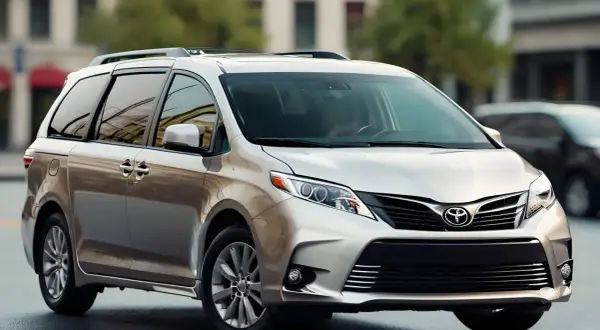 Srebrny minivan Toyota Sienna stoi na ulicy. To idealny samochód rodzinny, który pomieści wszystkich.