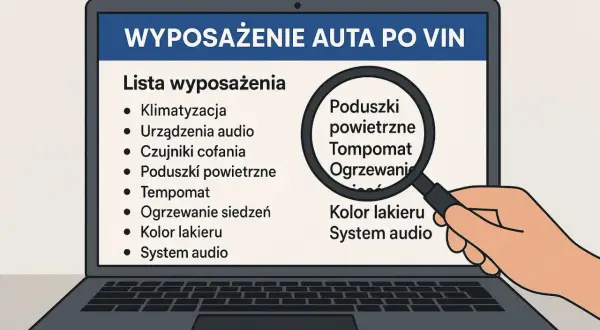 Jak sprawdzić wyposażenie po VIN? Lista na ekranie laptopa pokazuje, co można odczytać, np. poduszki powietrzne, tempomat, kolor lakieru.