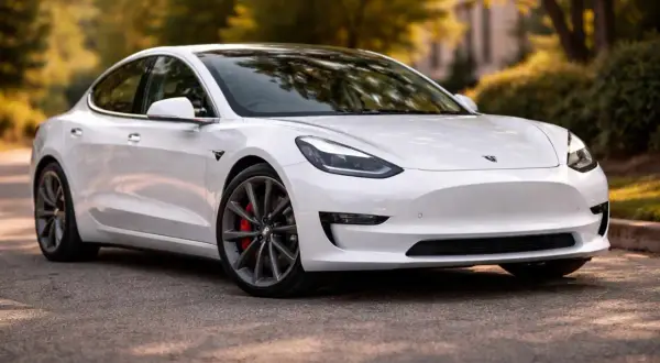 Biały sedan Tesla, amerykańska marka samochodów elektrycznych, zaparkowany na tle jesiennych drzew.