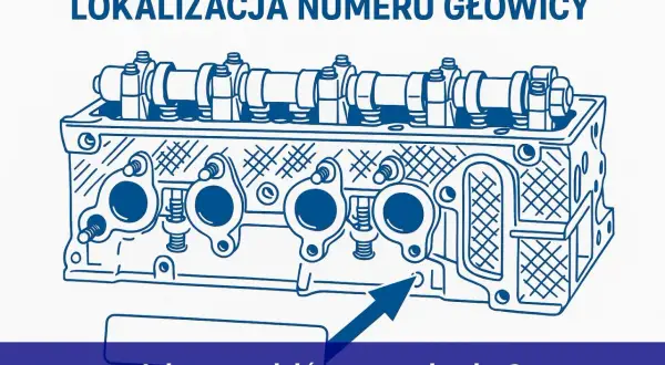 Schematyczny rysunek głowicy silnika z zaznaczonym miejscem, gdzie sprawdzić numer katalogowy części.