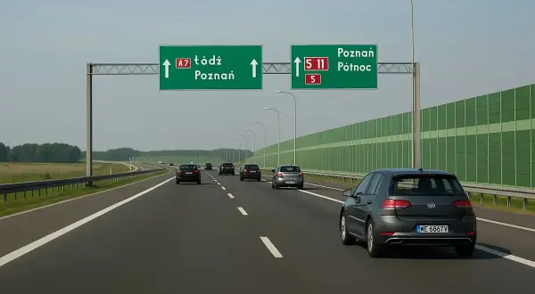 Samochód na długie trasy jedzie autostradą. Znaki wskazują drogę do Łodzi i Poznania.