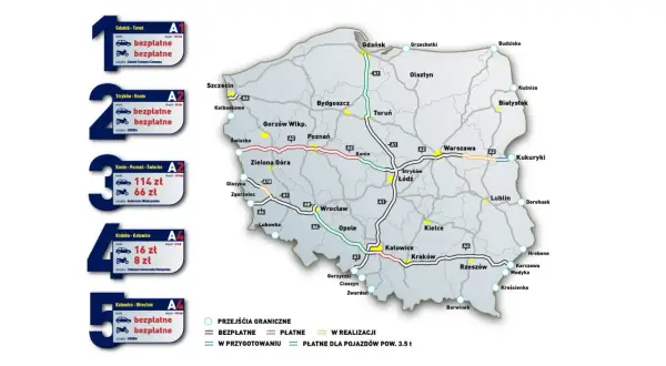 Mapa Polski z zaznaczonymi płatnymi autostradami w Polsce e-toll. Pokazuje odcinki bezpłatne i płatne, a także te w realizacji.