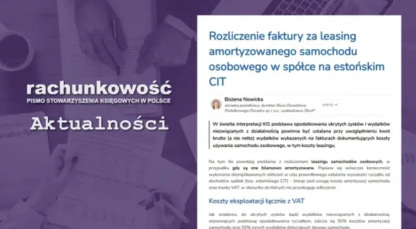 Rozliczenie faktury za leasing samochodu osobowego w spółce na estońskim CIT. Omówienie kosztów leasingu i amortyzacji.