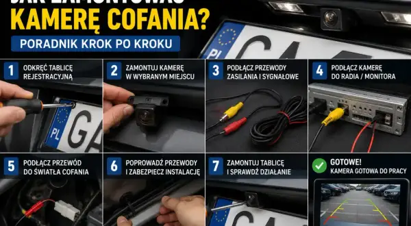 Poradnik montażu kamery cofania: odkręcanie tablicy, mocowanie kamery, podłączanie przewodów zasilania i sygnału do radia/monitora, podłączenie do światła cofania, zabezpieczenie instalacji i sprawdzenie działania.