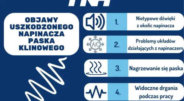 Objawy uszkodzonego napinacza paska klinowego: nietypowe dźwięki, problemy z układami, nagrzewanie się paska, drgania. Czas na wymianę paska wielorowkowego!