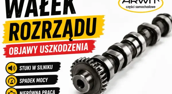 Metalowy wałek rozrządu, kluczowy element silnika, z widocznymi objawami uszkodzenia: stuki, spadek mocy, nierówna praca.