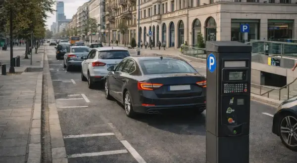 Uliczny parkometr obok samochodów, w tym nowszych modeli spełniających normę Euro 3, na tle miejskiej zabudowy.