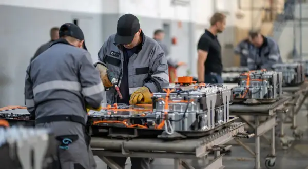Pracownicy montują moduły baterii do pojazdów elektrycznych. To przyszłość elektromobilności i praca dla wielu.