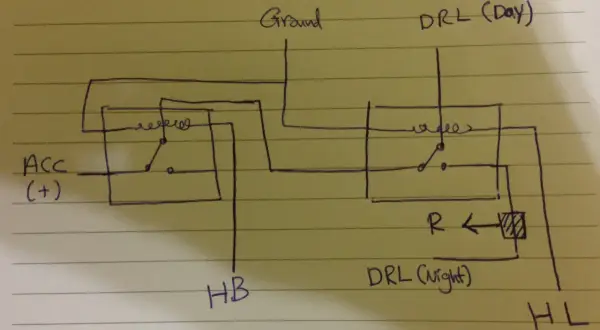 Schemat jak podłączyć światła do jazdy dziennej trzy przewody: ACC, Ground, DRL (Day/Night), HB, HL.