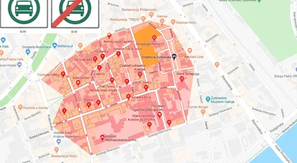 Mapa Krakowa z oznaczeniem strefy ograniczeń wjazdu, wskazująca na normy spalin w centrum miasta.
