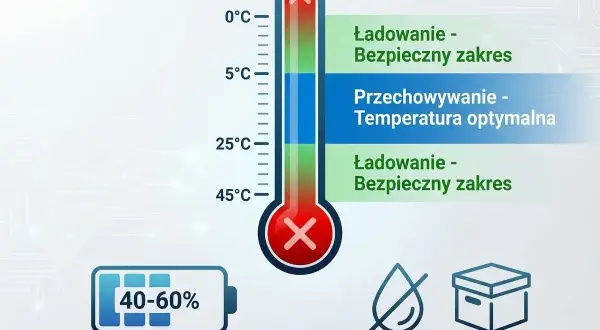 Termometr pokazuje optymalne warunki ładowania i przechowywania akumulatora (40-60% naładowania). Długo wytrzymuje w suchym miejscu.