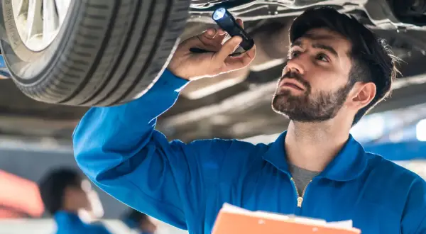 Mechanik w niebieskim kombinezonie oświetla latarką podwozie samochodu, wykonując **serwisowanie samochodu**.