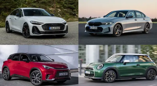 Białe Audi, szare BMW, czerwony SUV i zielony Mini Cooper – cztery marki premium samochodów w jednym kadrze.