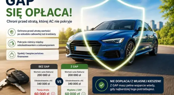 Niebieski samochód pod ochronną tarczą. Porównanie strat bez i z ubezpieczeniem GAP. GAP chroni przed utratą wartości.