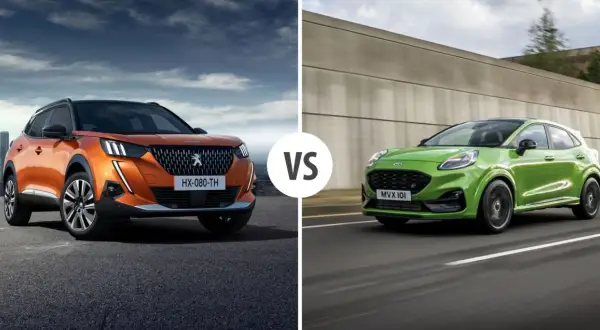 Pomarańczowy Peugeot 2008 i zielony Ford Puma. Porównanie wymiarów i osiągów.