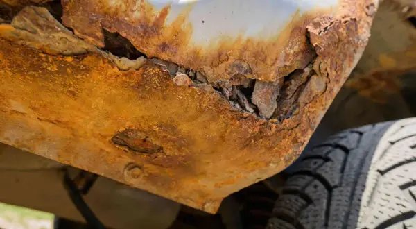 Widoczne zaawansowane **zabezpieczenie auta przed korozją** jest już nieskuteczne. Rdza zniszczyła fragment karoserii, odsłaniając jego wnętrze.
