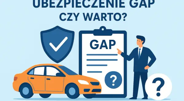 Ubezpieczenie GAP: czy warto? Pomarańczowy samochód, tarcza z haczykiem, dokument z napisem GAP i mężczyzna wskazujący na niego.