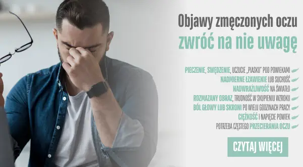 Mężczyzna z bólem głowy i zmęczonymi oczami, objawy takie jak pieczenie, suchość, zamglony obraz, brak zbieżności objawy.