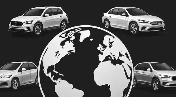 Białe samochody otaczają globus, symbolizując zasięg największych koncernów motoryzacyjnych.