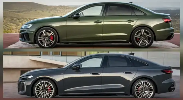 Zielony Audi A4 i ciemnoszary Audi A5 prezentują swoje sportowe linie.