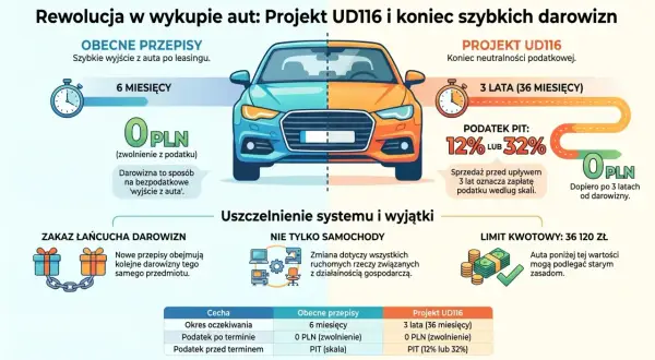 Porównanie przepisów dotyczących darowizny auta: obecne (6 miesięcy, 0 PLN podatku) vs. Projekt UD116 (3 lata, 0 PLN podatku, ale PIT przy sprzedaży przed terminem).
