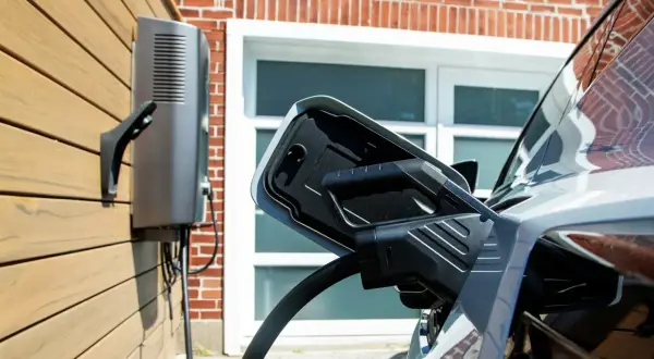 Ładowanie samochodu elektrycznego. Stacja ładująca podłączona do pojazdu, magazyn energii z samochodu elektrycznego gotowy do pracy.