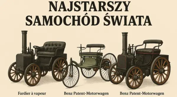Ilustracja przedstawia trzy zabytkowe pojazdy: parowy Fardier à vapeur oraz dwa Benz Patent-Motorwagen. To najstarszy samochód na świecie i jego poprzednicy.