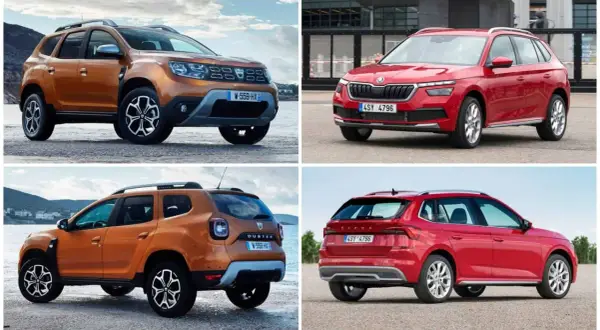 Pomarańczowy Dacia Duster i czerwona Škoda Kamiq. Porównanie prześwitu i możliwości terenowych.