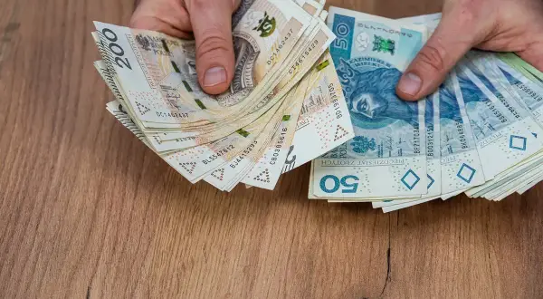 Dłonie trzymają stosy polskich banknotów 200 zł i 50 zł. Może to być zapłata za kartę pojazdu leasing.