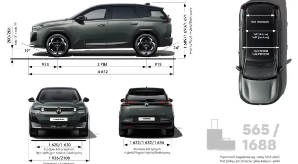 Citroën C5 Aircross: wymiary, w tym pojemność bagażnika 565/1688 dm³ pod półką / po złożeniu kanapy.