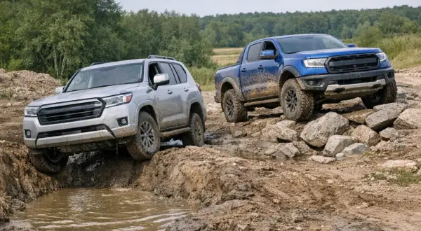 Srebrny SUV i niebieski pickup pokonują błotniste przeszkody. Które auto terenowe poradzi sobie lepiej?