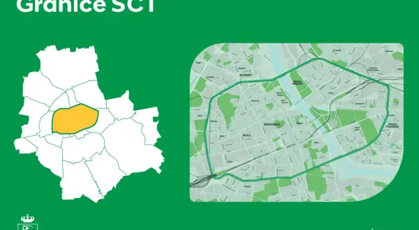 Mapa Warszawy z zaznaczoną strefą czystego transportu. Od kiedy obowiązuje SCT w Warszawie?