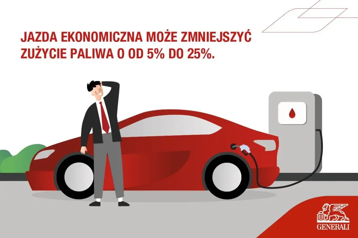 Mężczyzna przy czerwonym samochodzie tankującym paliwo. Ekonomiczna jazda samochodem może obniżyć spalanie o 5-25%.