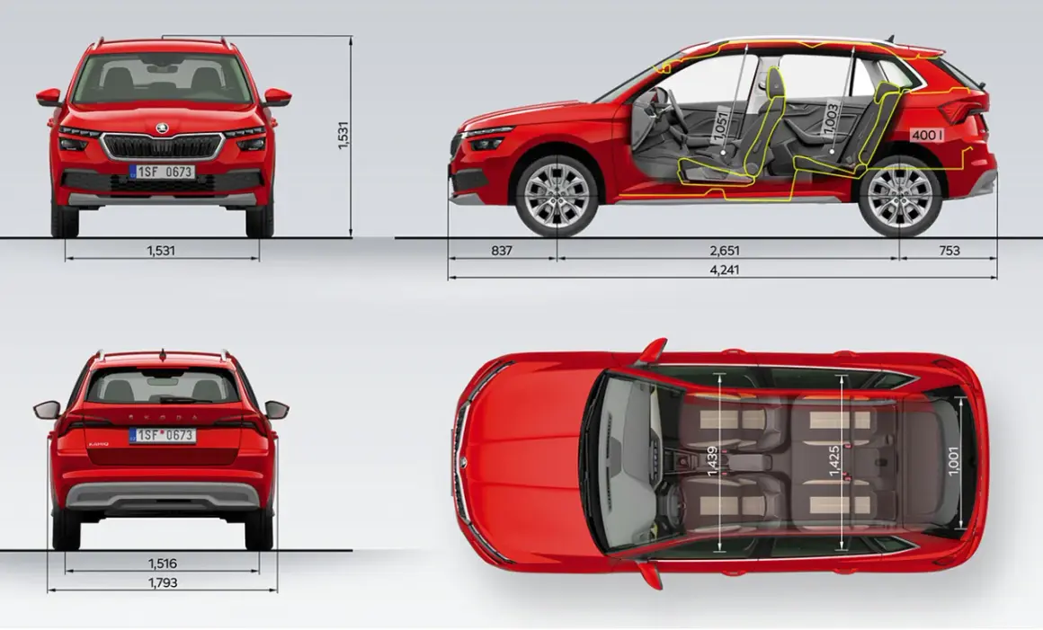 Skoda Kamiq wymiary: widok z przodu, boku, tyłu i z góry z zaznaczonymi wymiarami wnętrza i nadwozia.