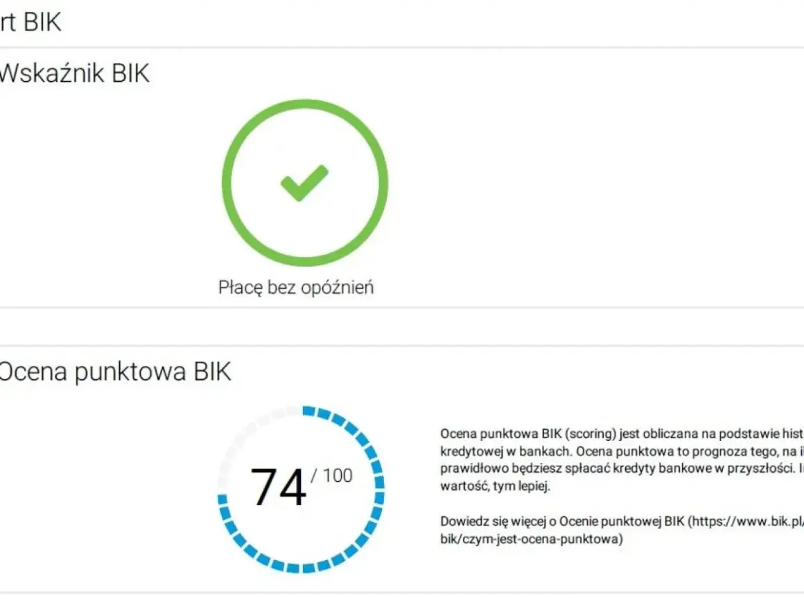 Jak sprawdzić siebie w BIK? Widoczny wskaźnik BIK z zielonym zaznaczeniem i ocena punktowa 74/100.