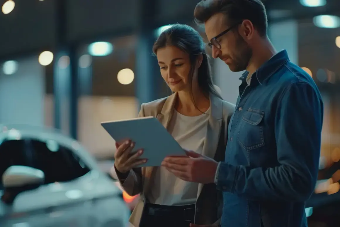 Para kupuje auto. Kobieta i mężczyzna analizują dane na tablecie, zastanawiając się, na co zwrócić uwagę przy zakupie auta.