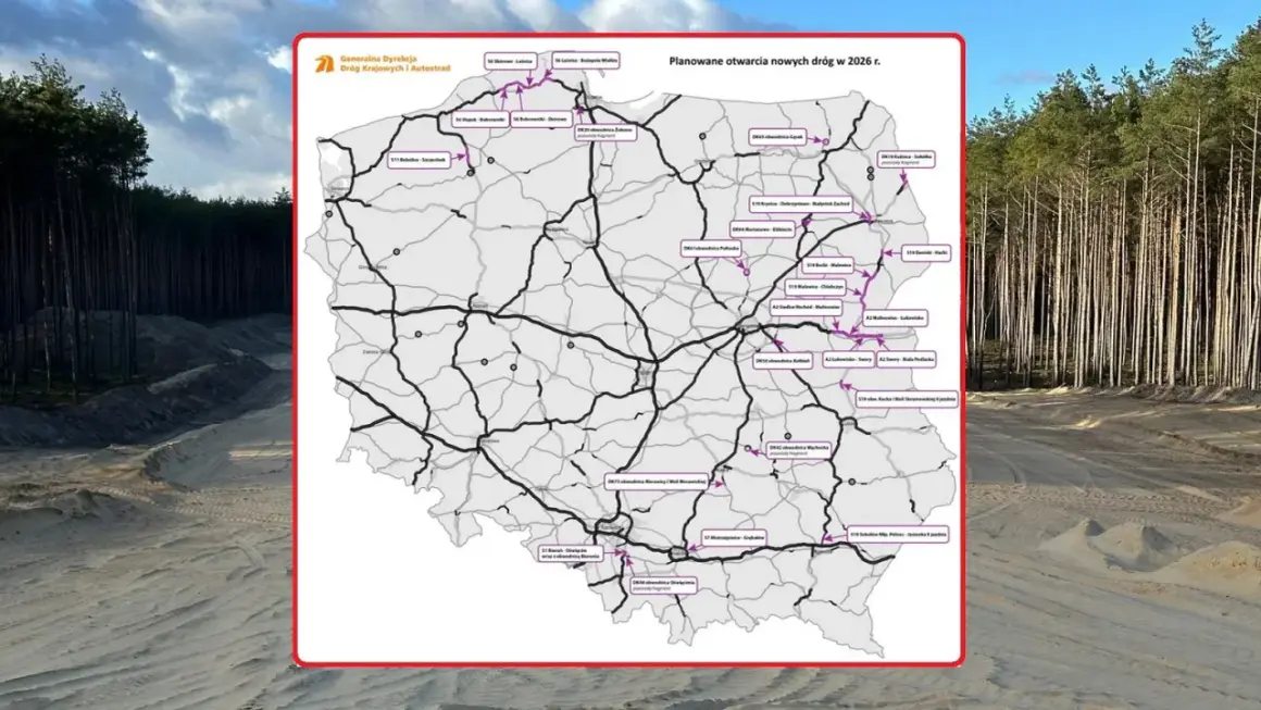 Mapa Polski z planem budowy autostrad do 2041 roku. Obok widok budowy drogi w lesie.