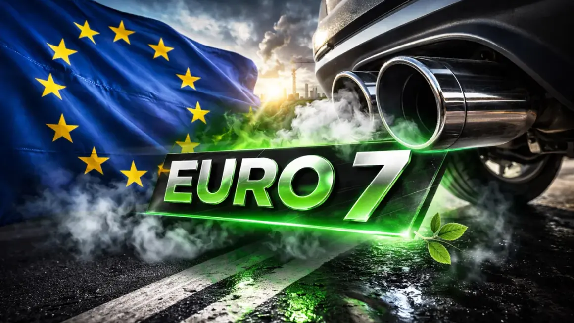 Flaga UE i dym z rury wydechowej samochodu nad napisem EURO 7. Od kiedy nowe normy emisji spalin?