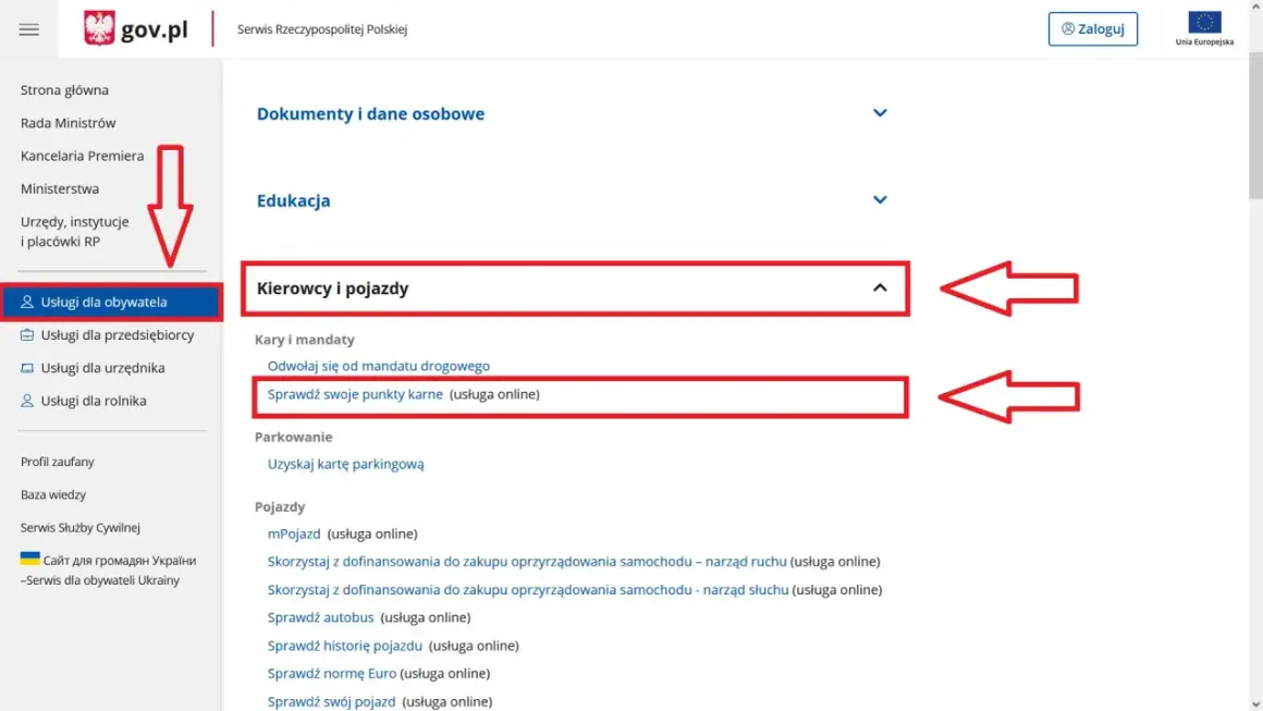 Na stronie gov.pl, w sekcji "Kierowcy i pojazdy", można sprawdzić swoje punkty karne.
