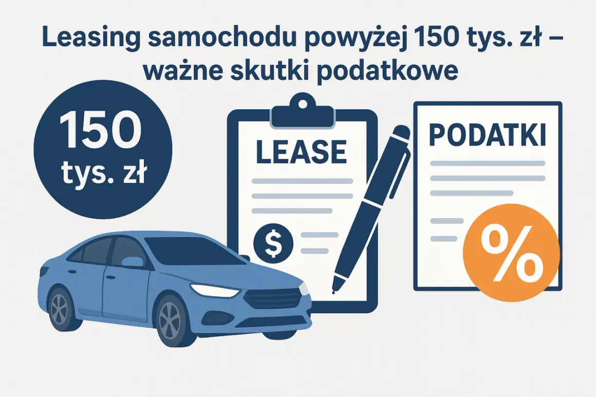 Niebieski samochód, umowa leasingowa i dokument podatkowy. Leasing do 150 tys. zł – ważne skutki podatkowe.