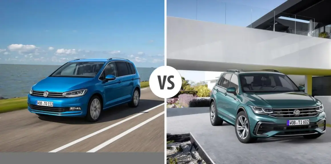 Niebieski Volkswagen 7 osobowy na drodze vs. zielony SUV przed nowoczesnym budynkiem.
