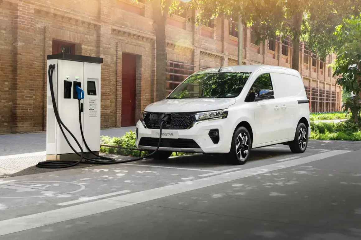 Biały samochód dostawczy podłączony do ładowarki elektrycznej na tle ceglanego budynku.