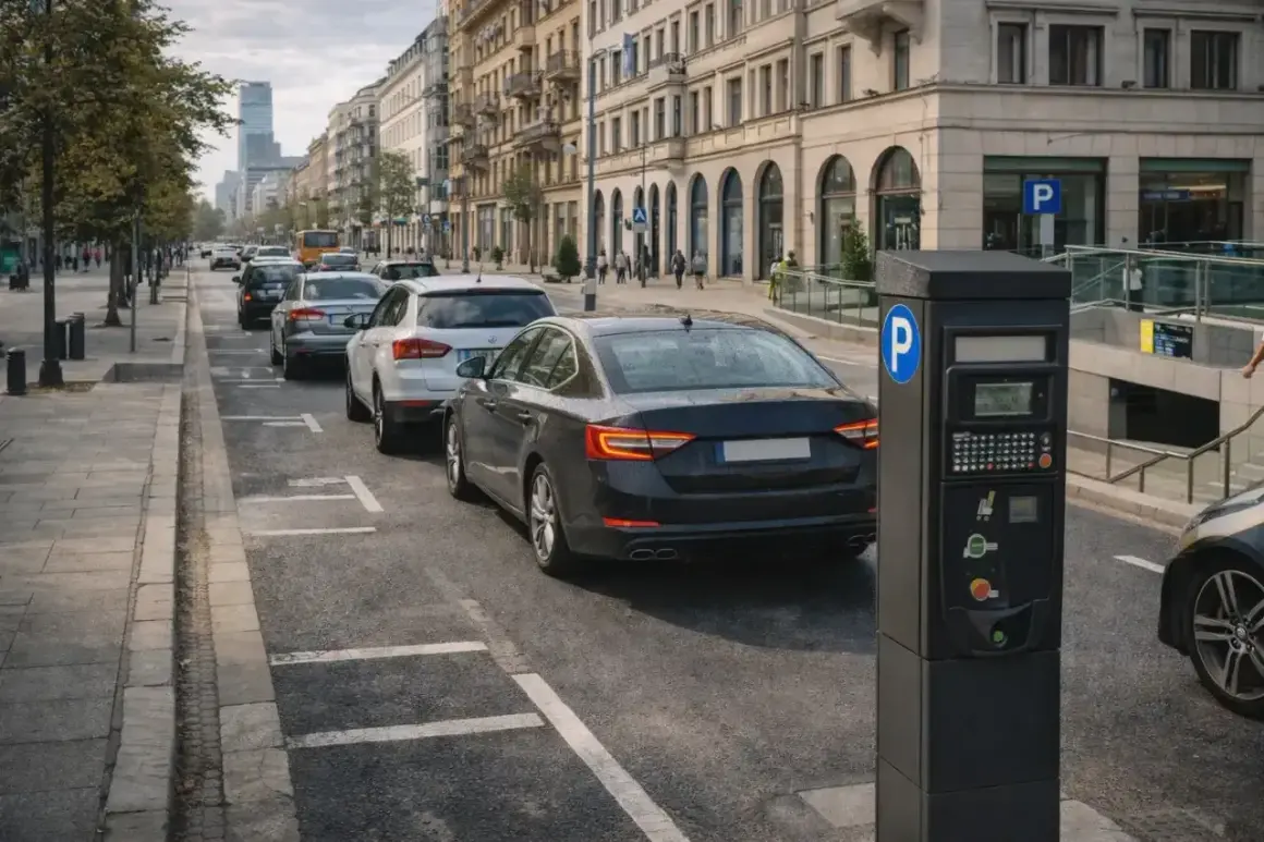 Uliczny parkometr obok samochodów, w tym nowszych modeli spełniających normę Euro 3, na tle miejskiej zabudowy.