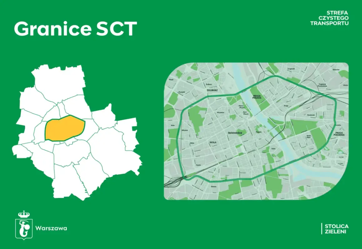 Mapa Warszawy z zaznaczoną żółtą obwódką centralną częścią, która stanowi zielona strefa SCT.