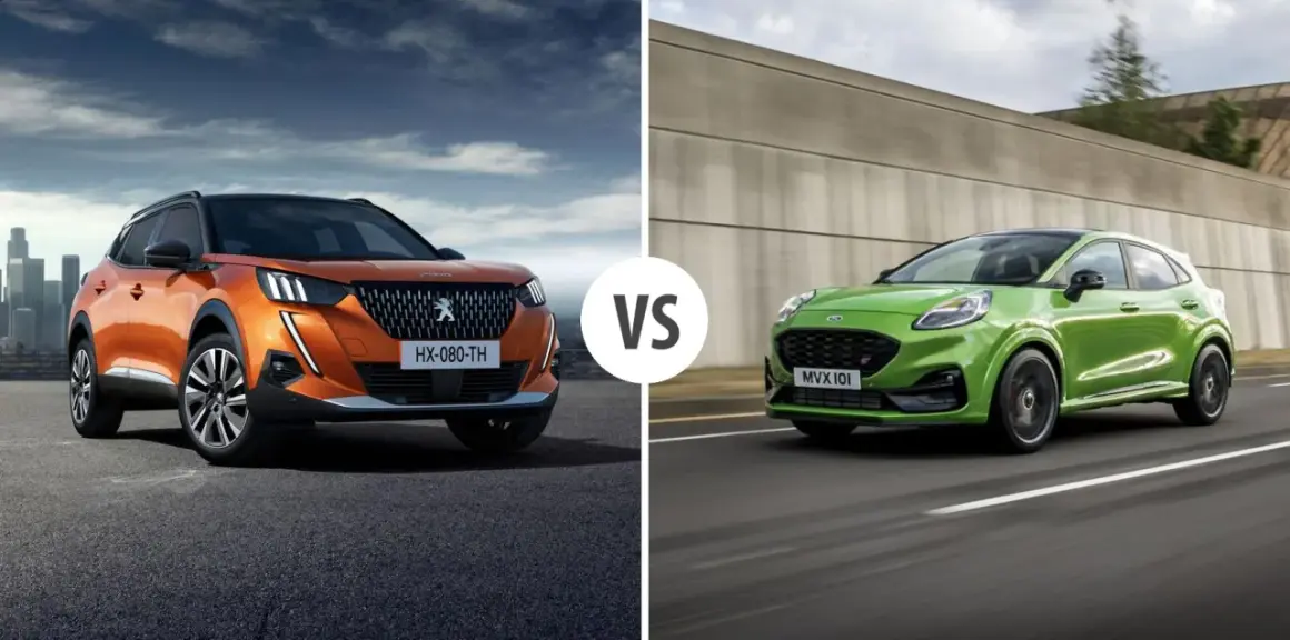 Pomarańczowy Peugeot 2008 i zielony Ford Puma. Porównanie wymiarów i osiągów.
