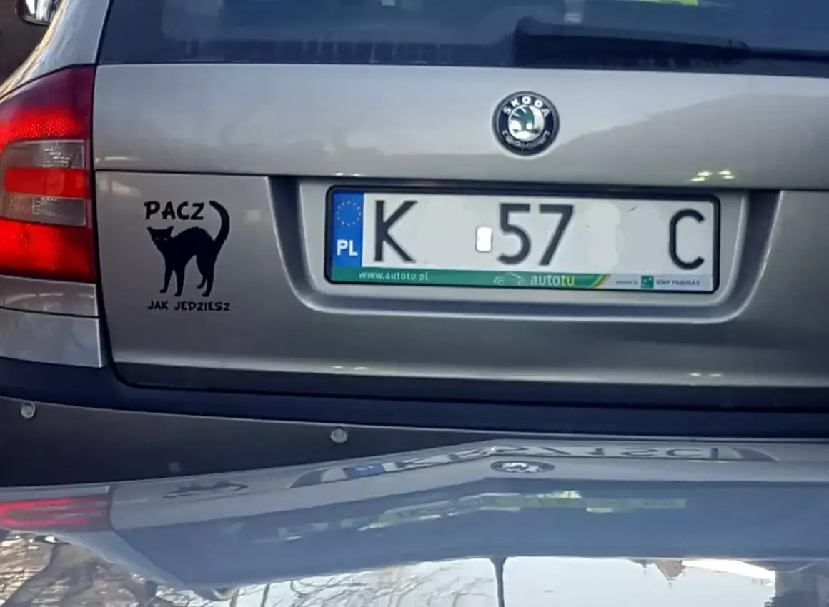 Czarny kot na klapie bagażnika z napisem "PACZ JAK JEDZIESZ". Tablica rejestracyjna K 57 C.
